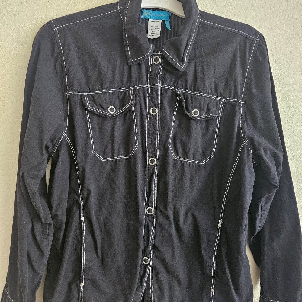 Fresh Produce 100% cotton black stretch Western Rodeo Snap pockets Shirt Top S